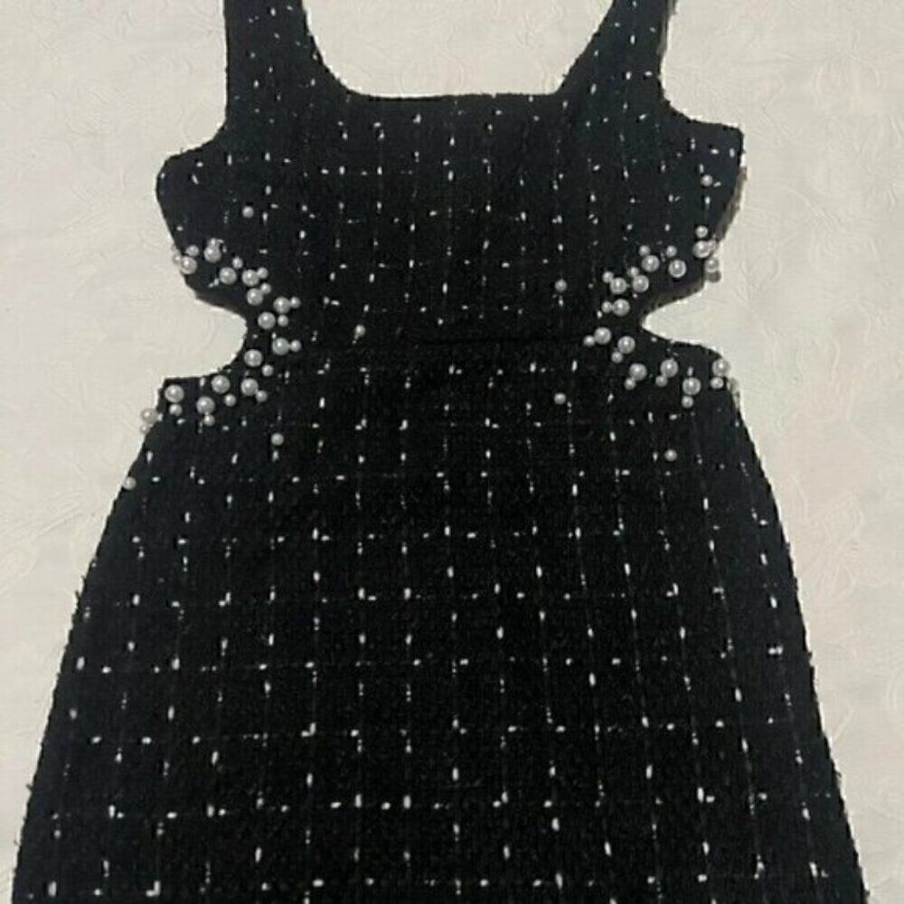 Black Texture Tweed Weave Cutout Mini Dress With Faux Pearls L - Picture 16 of 16